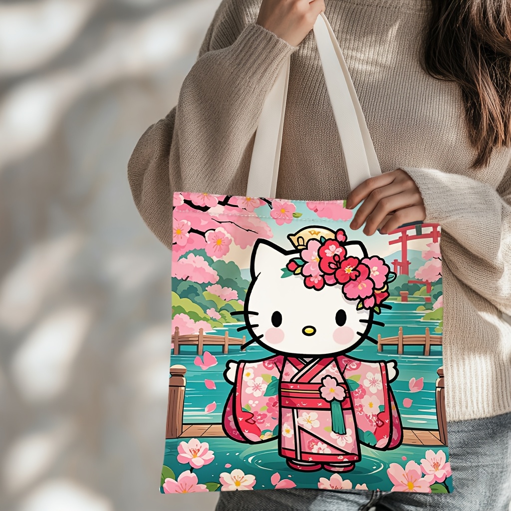 

1pc Sanrio Hello Kitty Canvas Tote Bag - Cherry & Kimono Design, 13.78 X 15.75 Inches, Reusable & Foldable, Polyester, Ideal For Travel, Shopping & Use