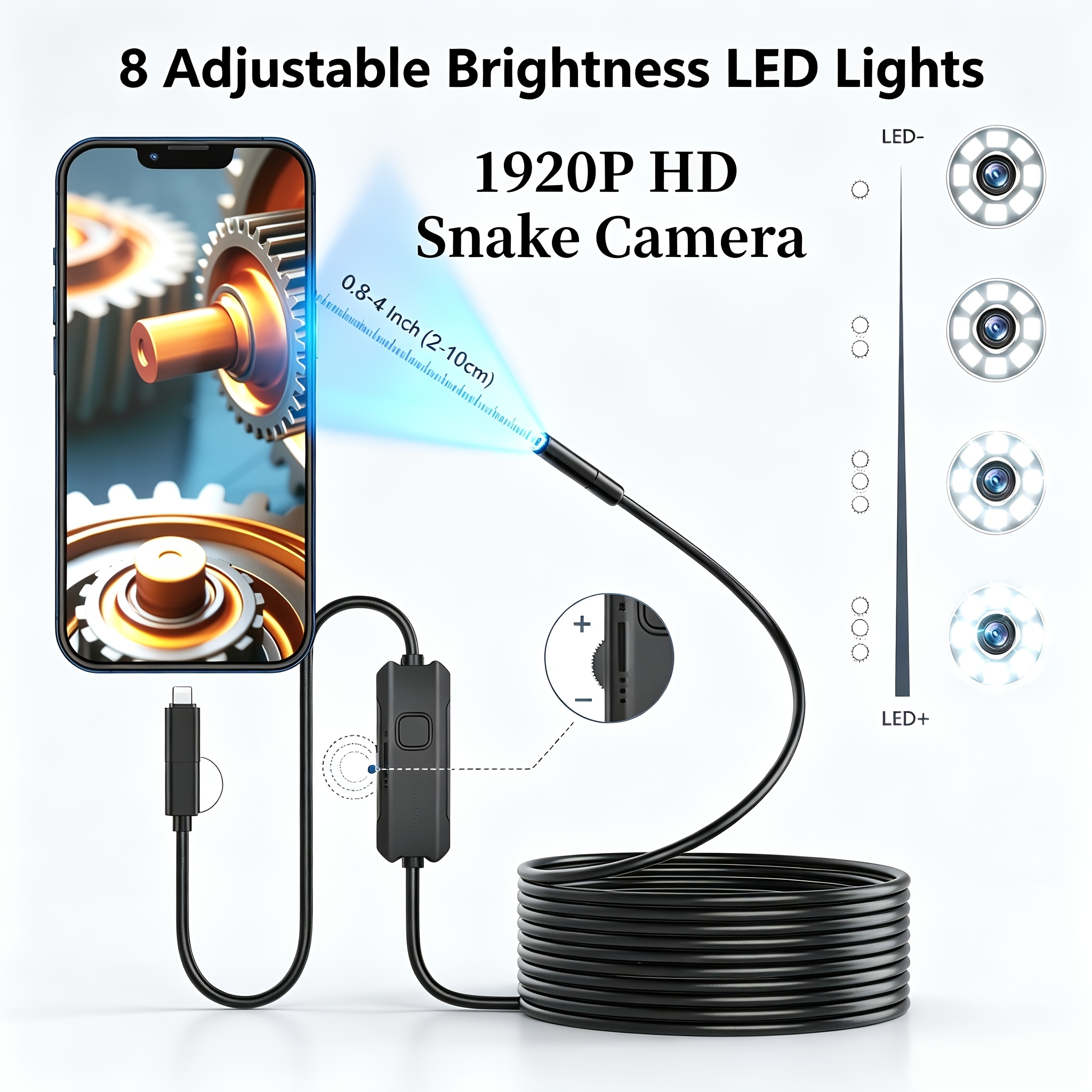 TEMU 1920p Hd Endoscope With 8 Led Lights Featuring Adjustable Brightness (compatible With Ios, Android, And Usb). This 3-in-1 Inspection Tool Is
