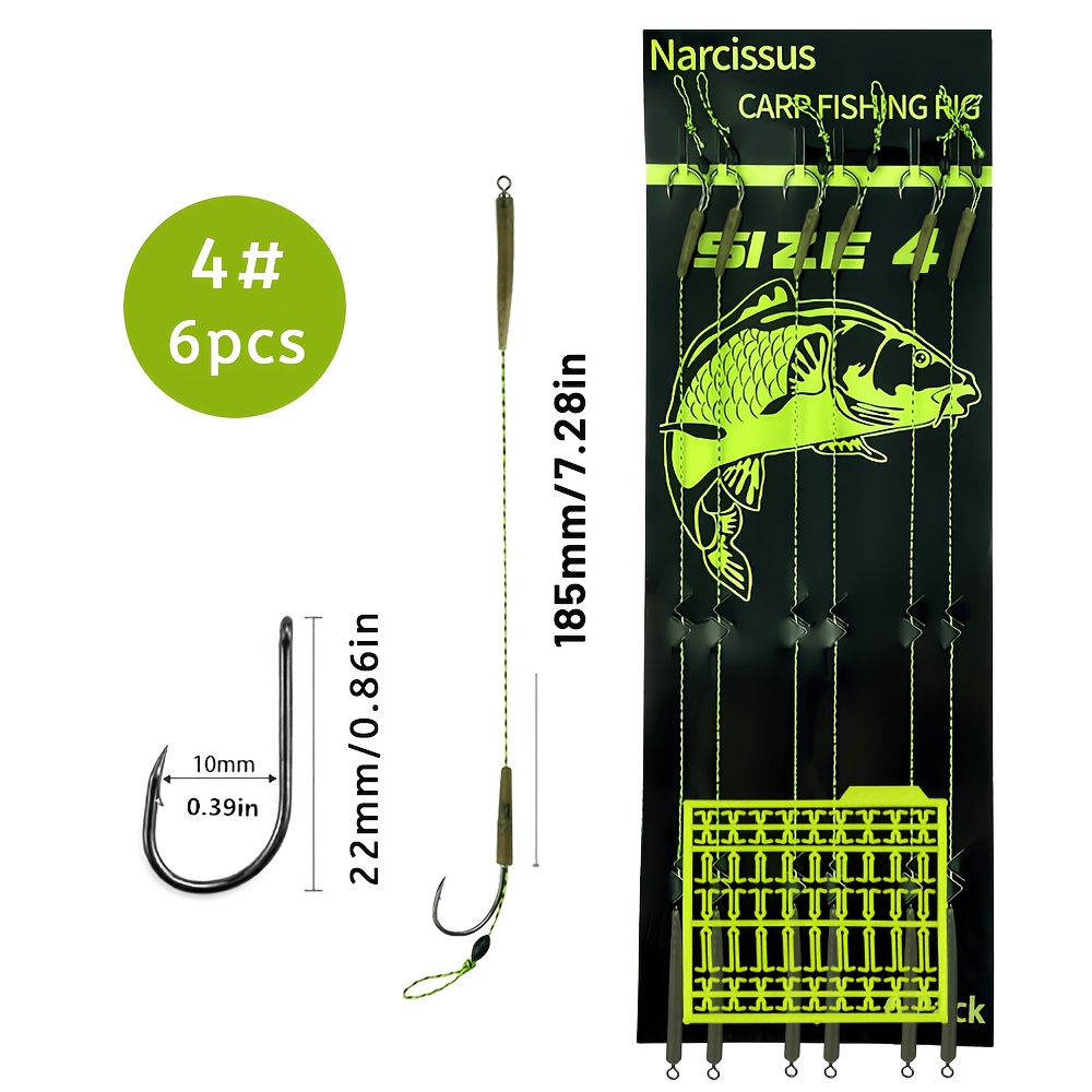 6pcs Carp Fishing Hooks With Hair Rig - Durable Pvc, Sizes 2/4/6/8 #, Includes Line For 13.61-27.22kg Tackle