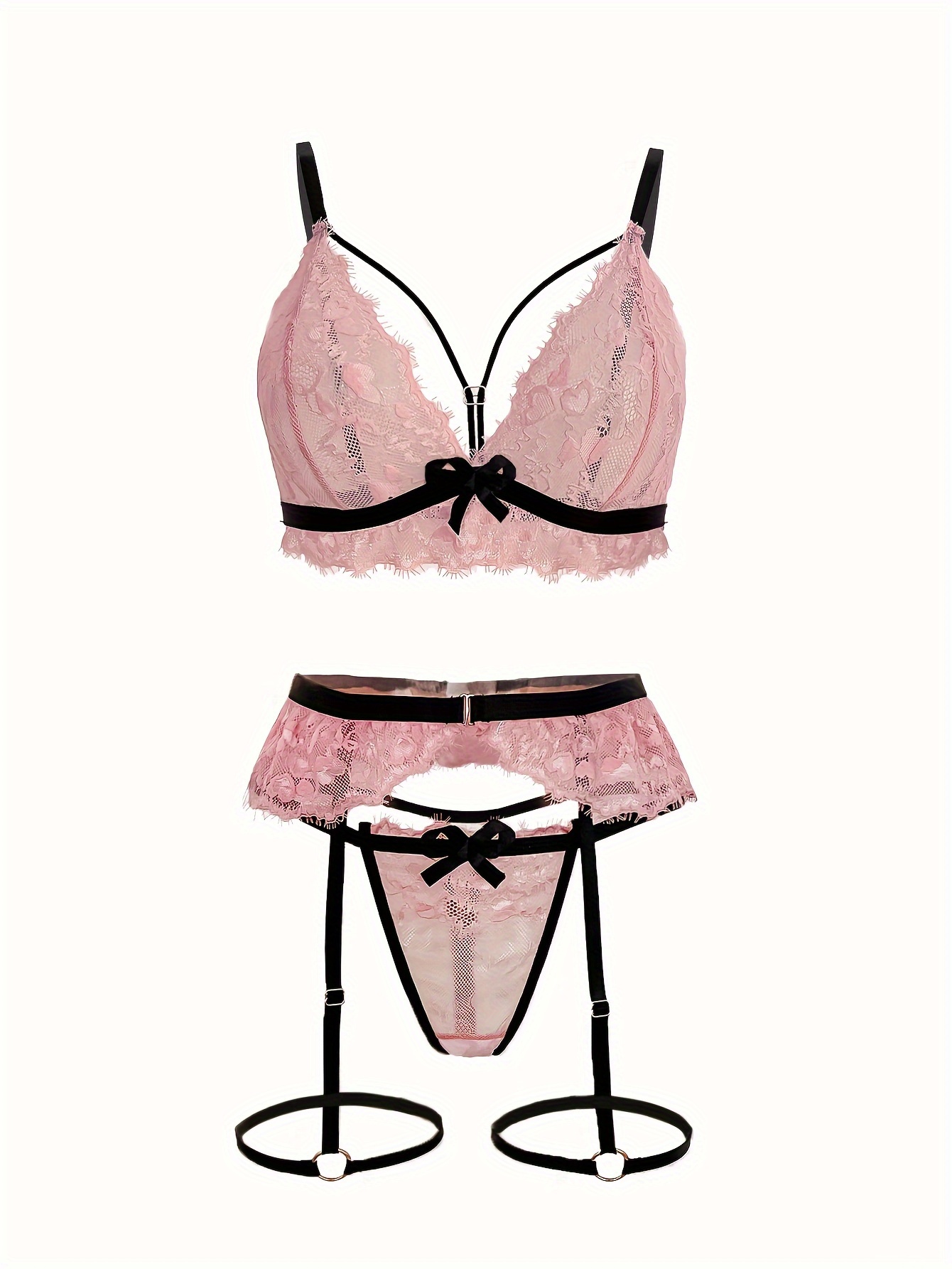 Colorblock Lace Bow Lingerie Set, Strappy Intimates Bra & Thong & Garter  Belt, Women's Sexy Lingerie & Underwear