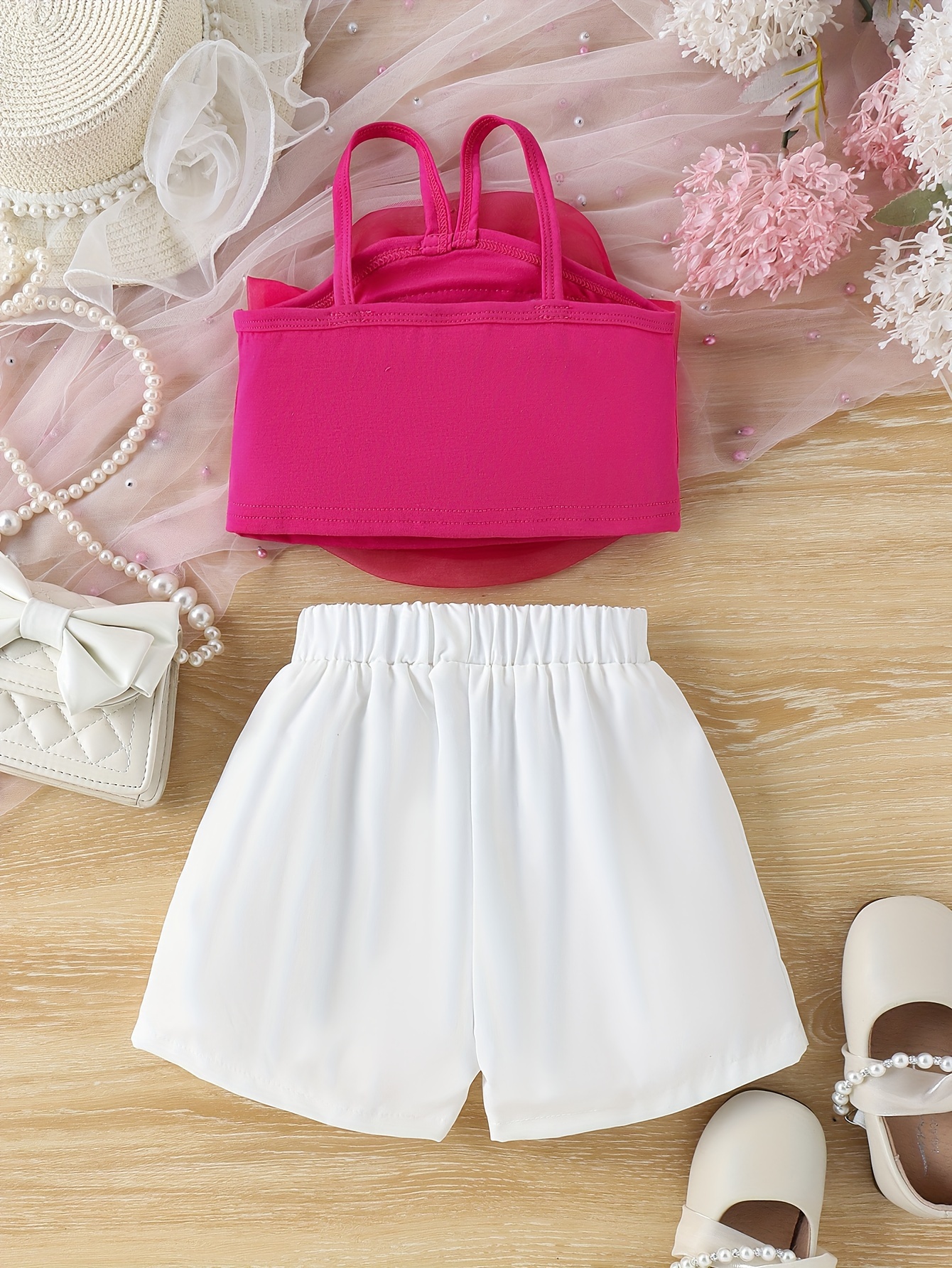 Little Girl's Sweet & Trendy 3D Rose Floral Camisole + Shorts 2-piece Set Party Summer Outdoor Activities