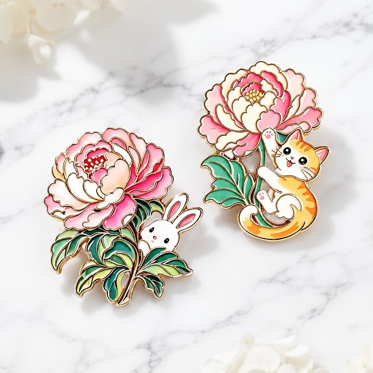 TEMU 2pcs Elegant Peony Cute Badges, Cute Animal And Floral Badges For Coats, Scarves, Bags, And Hats, Alloy Large Size Style, Main Side Longest Over