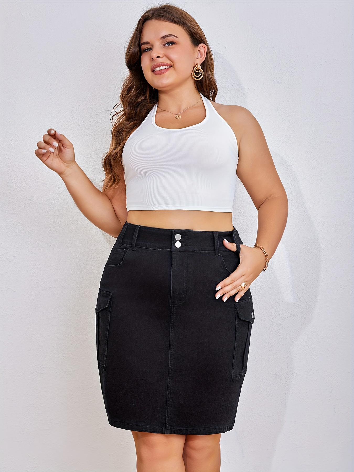 womens plus size elegant washed denim skirt button detail Temu