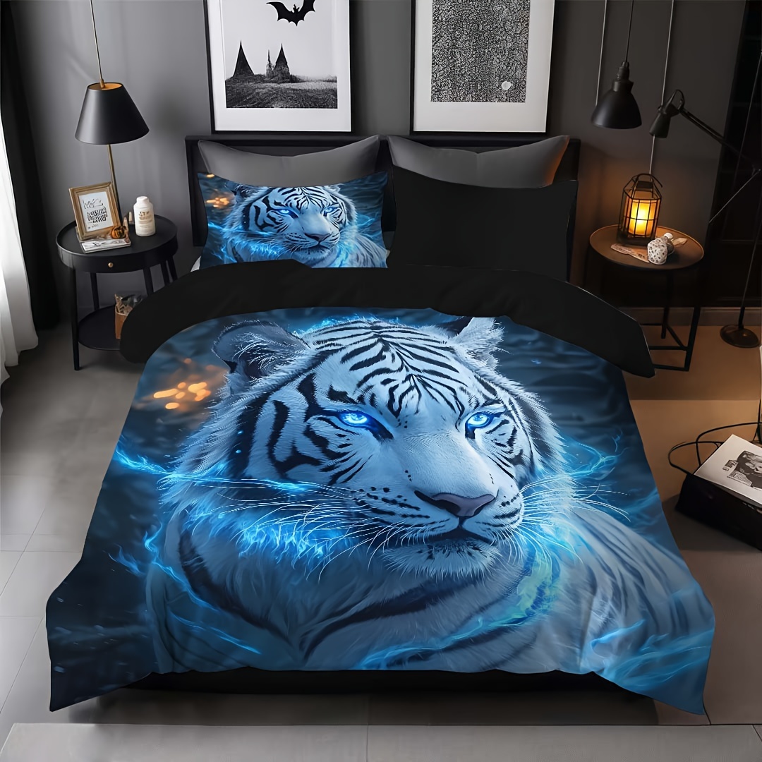 Image of 2pcs/3pcs Duvet Cover Set (1 Duvet Cover + 1pc/2pcs Pillowcase,without Core),3d And Elegant Flame White Tiger Animal Printed Bedding Set For Bedroom And