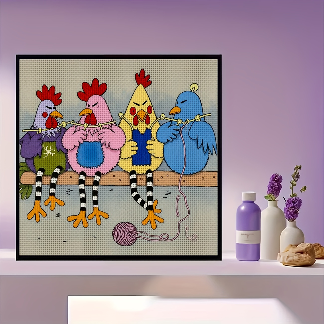 Printed DIY Cross-Stitch Kit, "Four Chickens Knitting Sweaters"