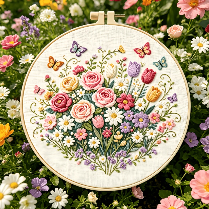 Flower Field Butterfly Whisper DIY Embroidery Kit for Beginners