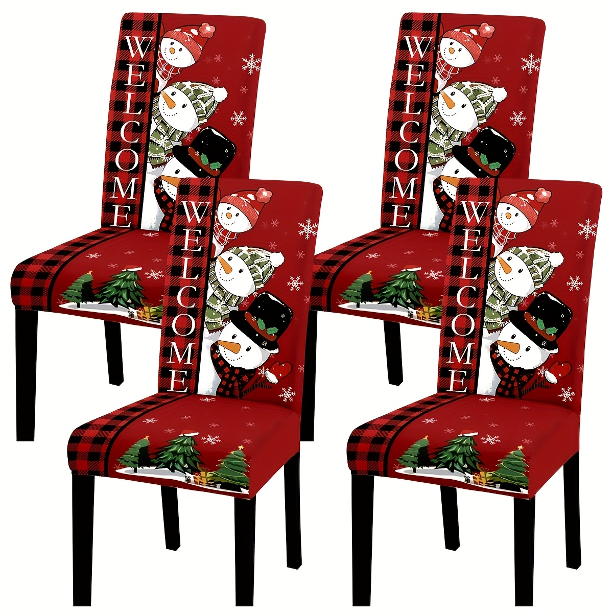 TEMU 4/6pcs, Housse de chaise de Noël à carreaux et de neige imprimée numériquement en polyester, protection de siège élastique douce et confortable,