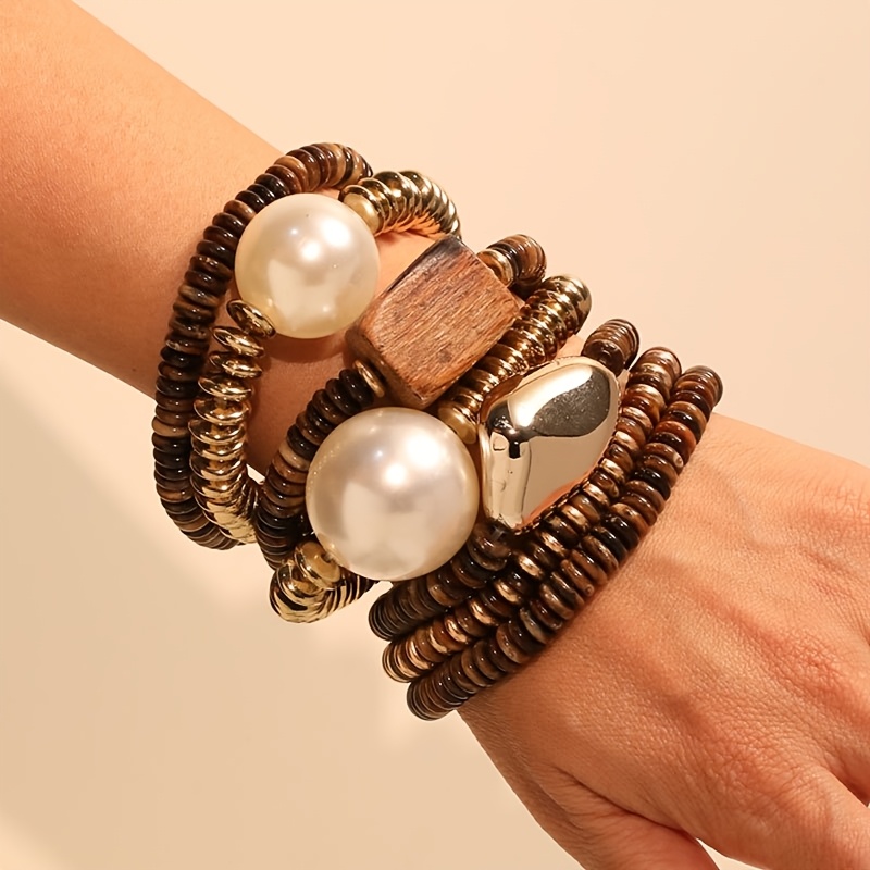 

-chic 7pcs Wooden Bead & Pearl Bracelet Set - Beach & , Ideal Gift For Women