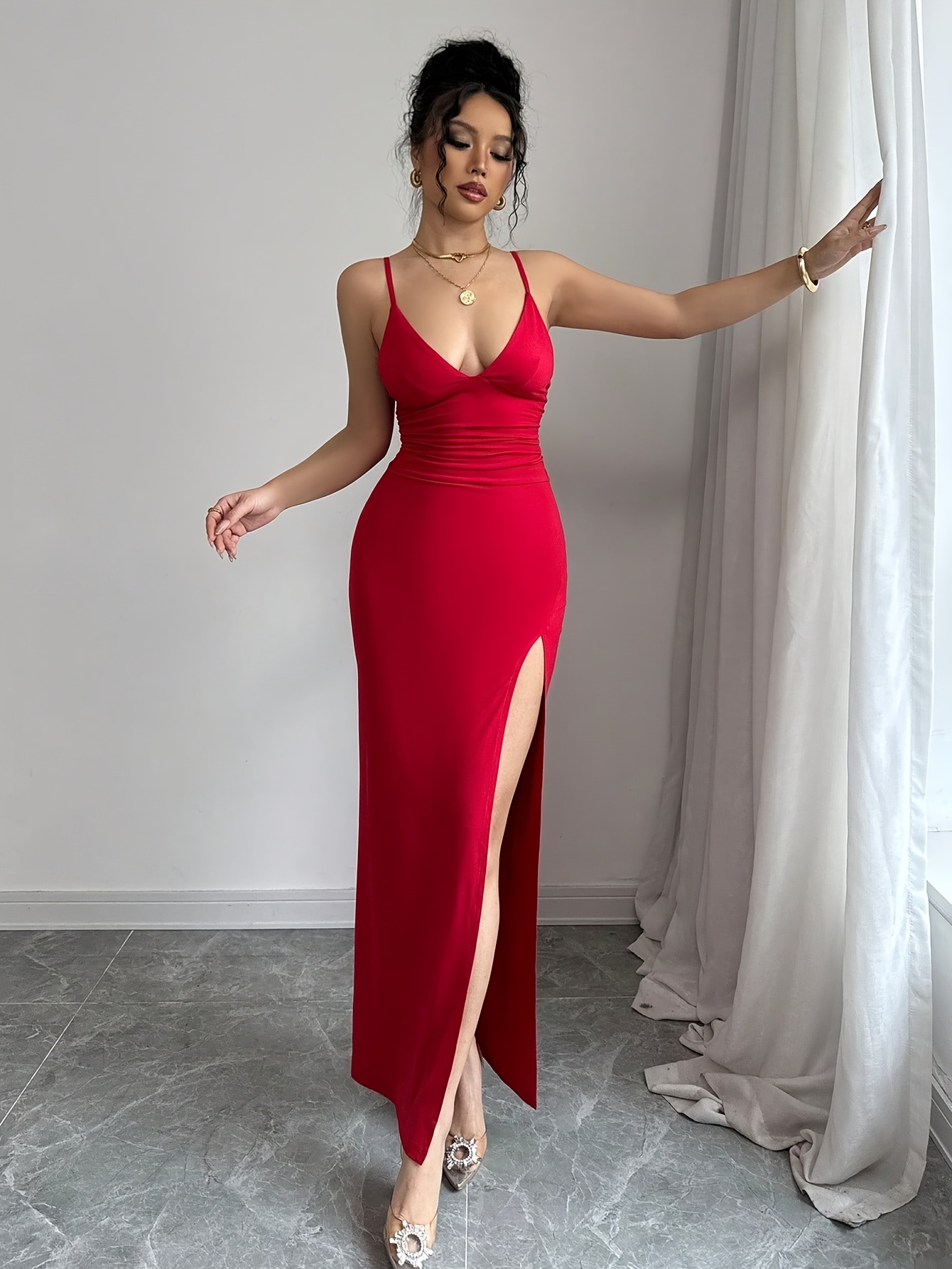 elegant rose red fitted long dress a slit straps western - Temu Pakistan