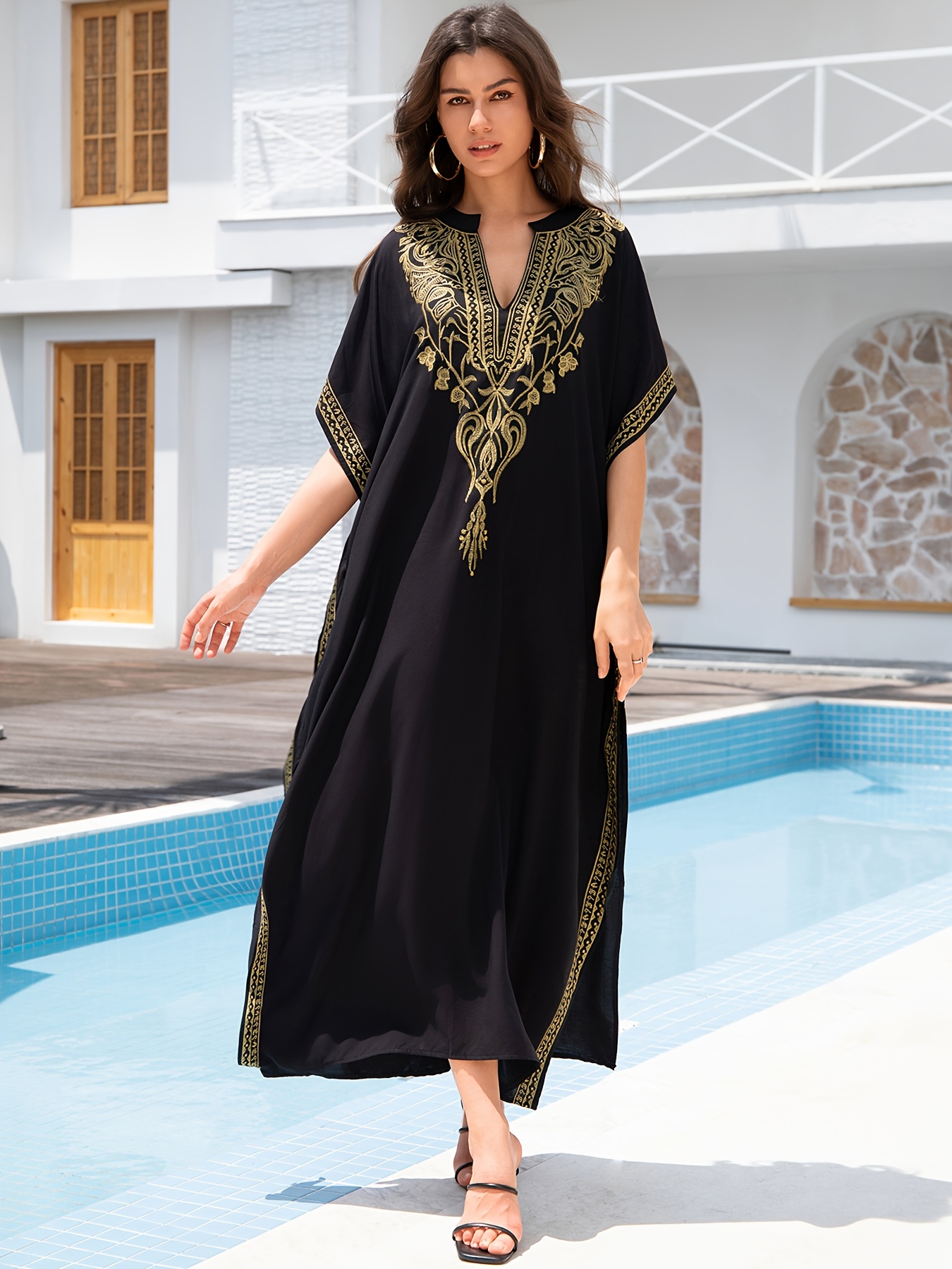 slim fit dress slacks Esther Golden Embroidered Mexican Dress- Vestido Mexicano Bordado Dorado main image 1