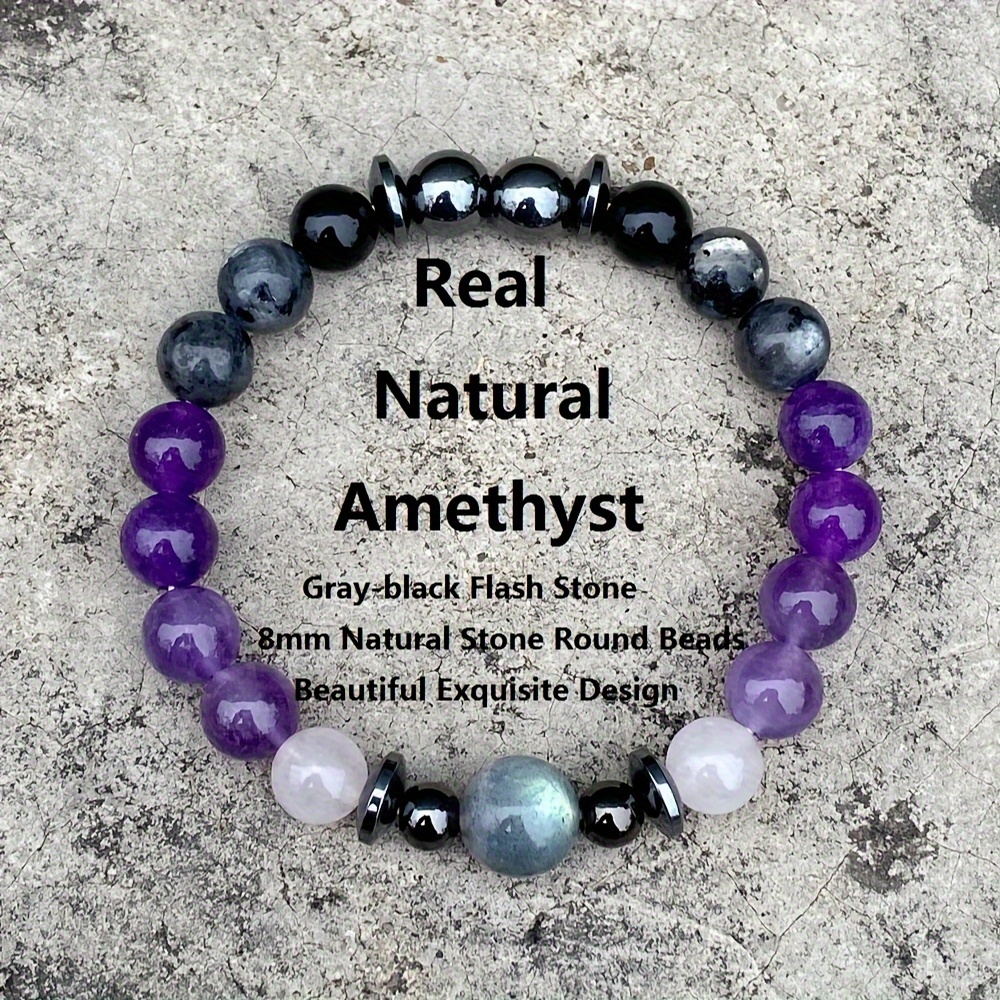 

Real Natural Amethyst, Gray-black Flash Stone, 8mm Natural Stone Round Beads, Beautiful And Exquisite Design, Loose Beads Combination, Elastic Line Can Be Adjusted For Comfortable Wearing