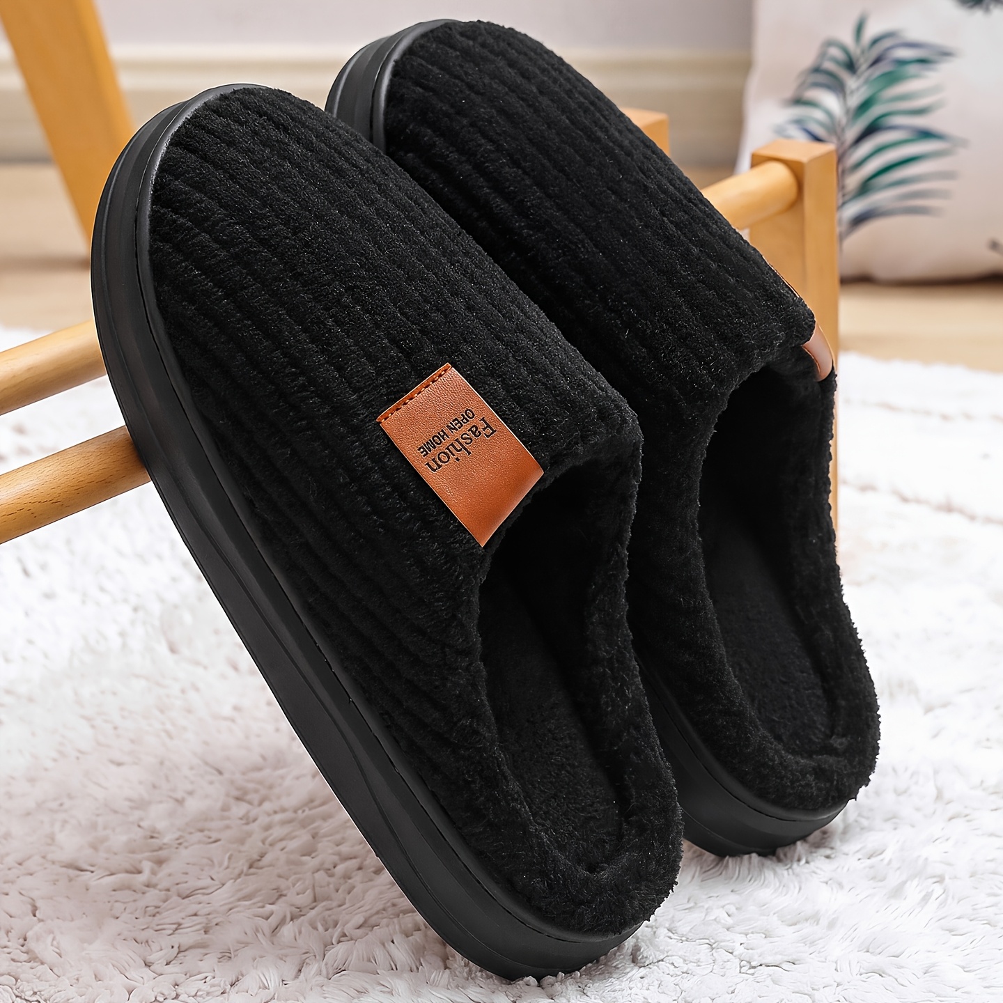 TEMU Men's Fashion Letter Home Essential, Warm Fleece Slippers, Non-slip, Casual Slippers, Ribbed Texture - Very Suitable For Indoor/outdoor Use,