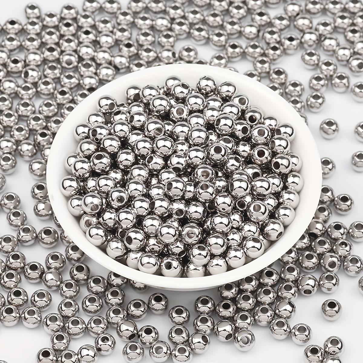 TEMU 4/6/8mm 1050/205/85pcs Silver Round Beads With Perforated Non Fading Solid Round Beads, Handmade, Suitable For Home And Holiday Decoration, Used