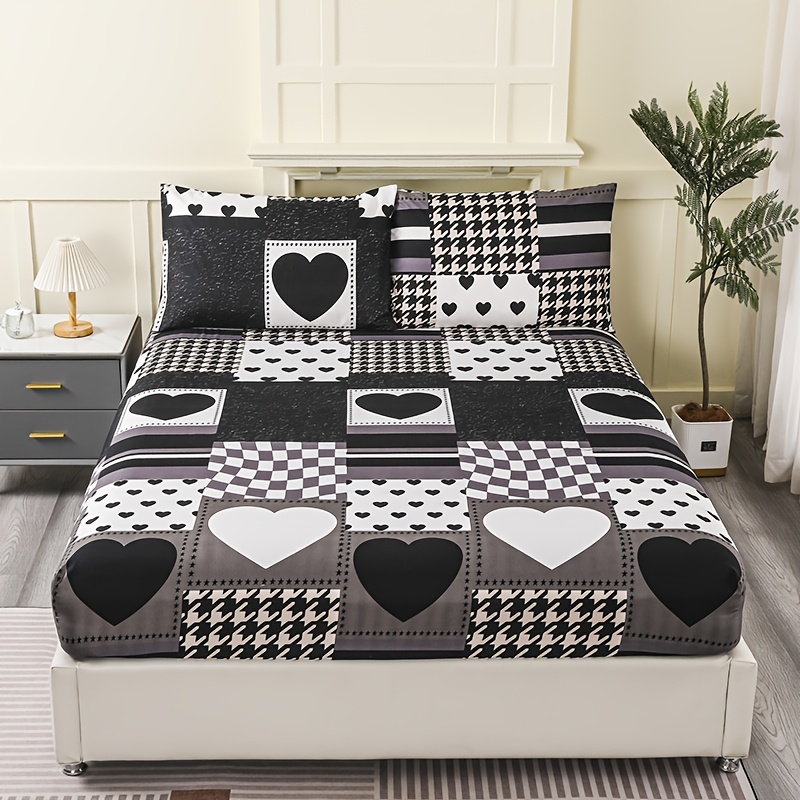 TEMU Checkered Heart, 1pc Comfortable Easy Checkered Heart Pattern Fitted Sheet, Without Pillowcase And Pillow Core, Various Sizes Suitable For