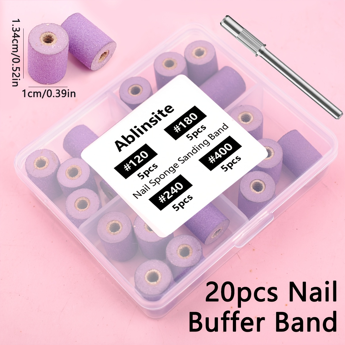 20pcs Nail Drill Buffer Bands, Sponge Bands With 1pc Bit, Nail Polish Sanding Buffer Bands, Grit 120#/180#/240#/400#