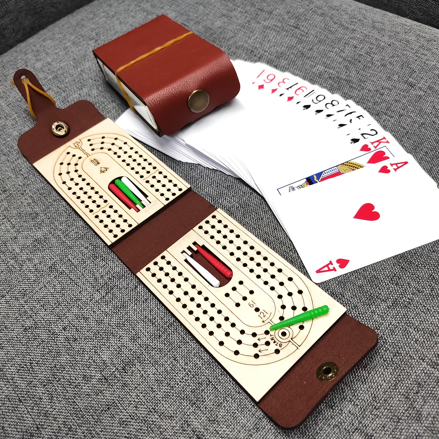 

Premium Leather Travel Cribbage Board Set With Metal Pegs & Storage Slot - Foldable, Portable Game For Adults &