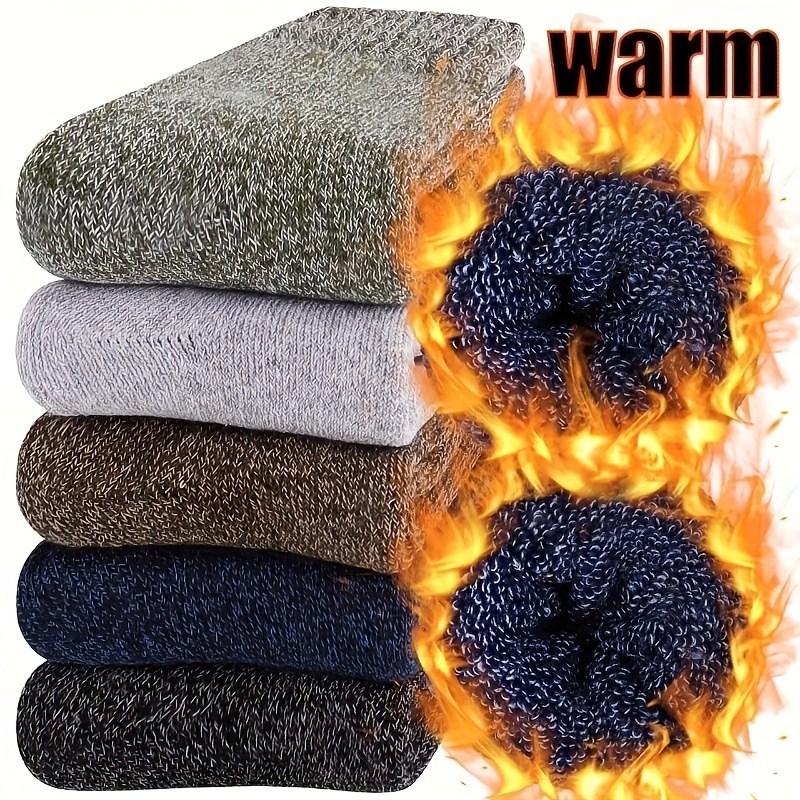 

5-pack Men's Thickened Fleece Socks - Comfortable Breathable, Suitable For Hiking & Outdoor Activities, Polyester , Solid Color, Mid-calf Length