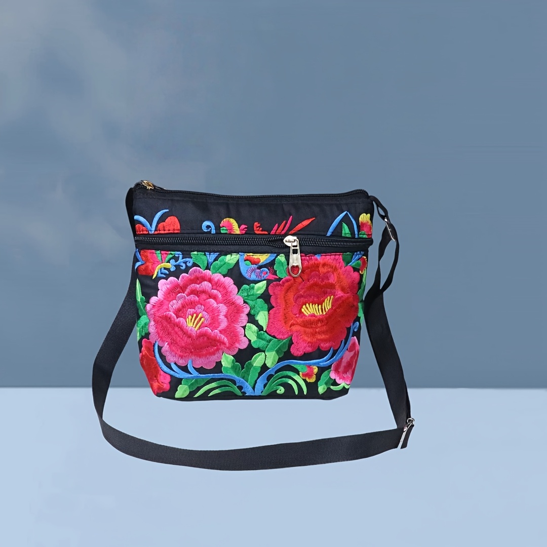 Image of Ethnic Style Embroidered Handbag For Women, Double-sided Embroidery, Shoulder Crossbody Bag With Three-layer Zipper