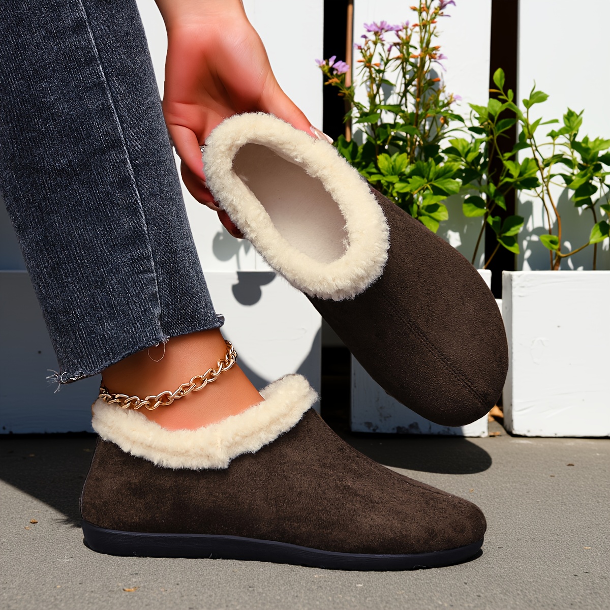 TEMU New Women's Ankle Boots With A Rounded, Loose-fitting , Fully Enclosed Short Design Featuring A Plush Trim Around The Opening. Includes Smooth
