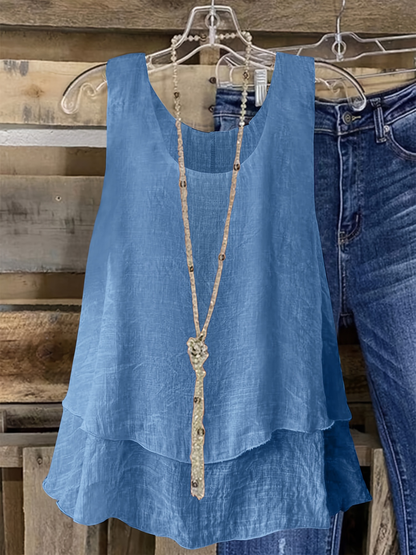 Women's Plus Size Sleeveless Elegant Top - Lightweight Breathable Blue Round Neck Vest, Machine Washable Spring Summer Casual Wear, Elegant Special Line Collection, Sophisticated Design, Textured Fabric