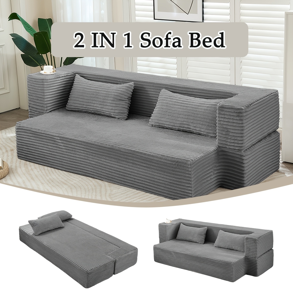 Image of 2-in-1 Convertible Sofa Bed, Recliner Lounge Sofa, Folding Floor Sofa Room, Bone-free Foldable Double Sofa Mattress Cushion, Space- Leisure Sleeping Mat, In Grey/white/green