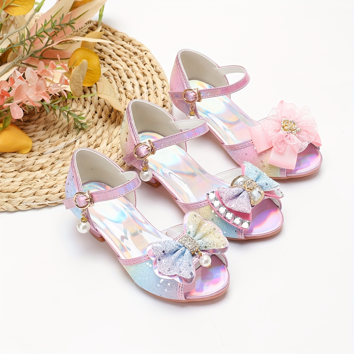 Sandalias de Niñas con Degradado y Tacones Pastel Brillosos con  Detalles de Perlas, Punta Afilada, Correa en el Tobillo para