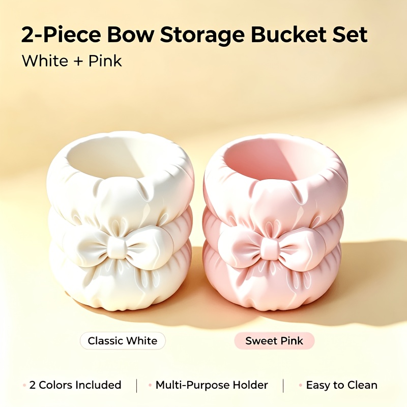 TEMU 2pcs Cute Bow Makeup Brush Holder, Aesthetic Pastel Desk Storage Organizer For Vanity Bedroom