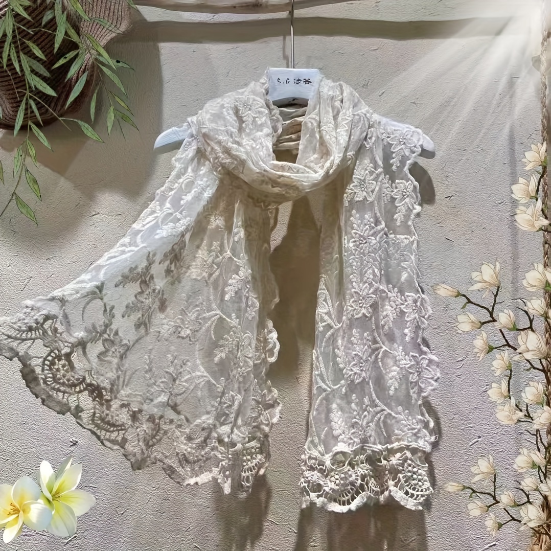 European Style Women's Outerwear Retro Scarf Solid Color Lace Embroidery Lace Long Scarf Shawl Solid Color Scarf Holiday Wear Fashion Decoration