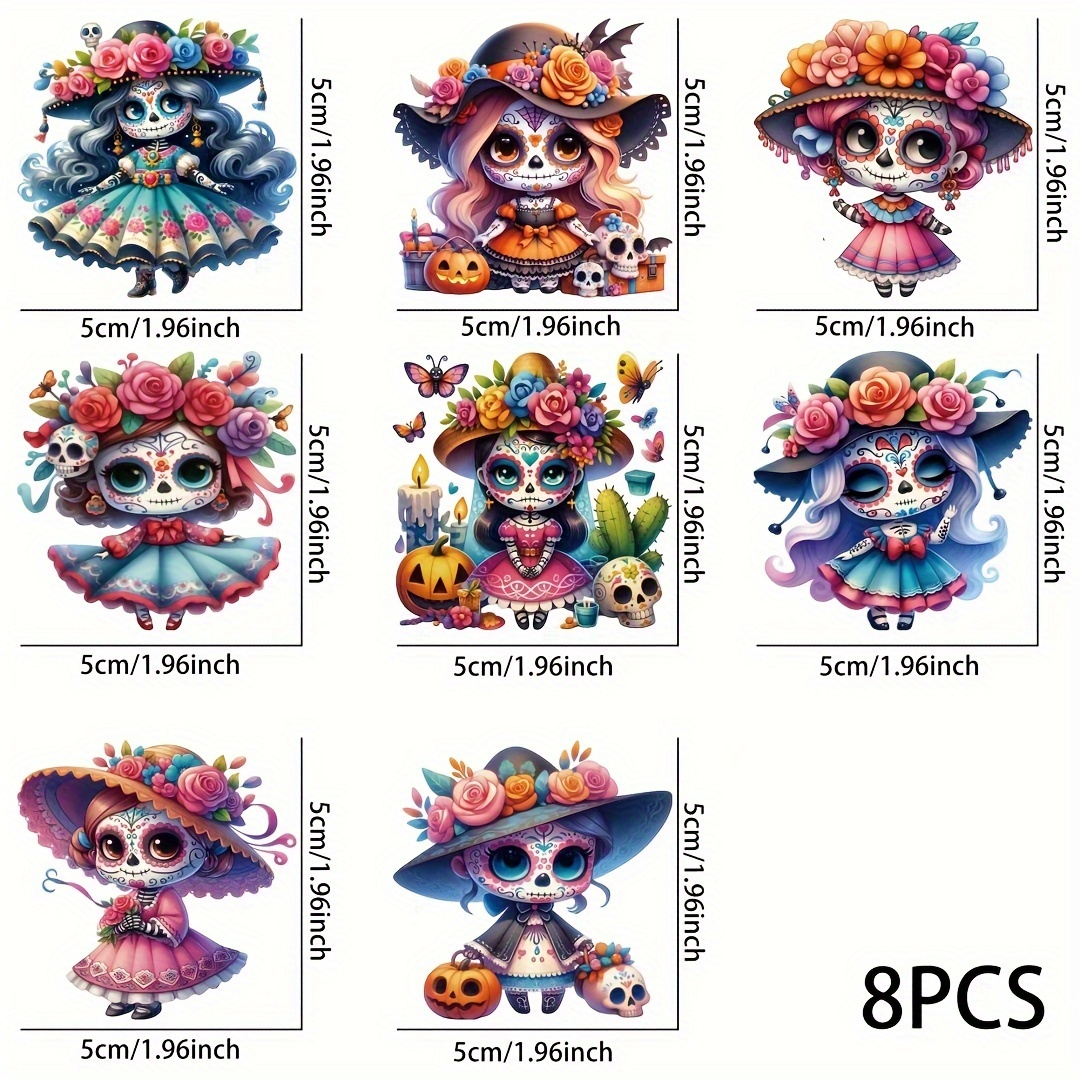 

8pcs Day Of The Dead Themed Stickers - Multicolored Cartoon Polyurethane Decals With Glossy Finish, Self-adhesive, Glitter Embellished For Glass, Ceramic, Plastic Cups & Hard Surfaces, Single Use