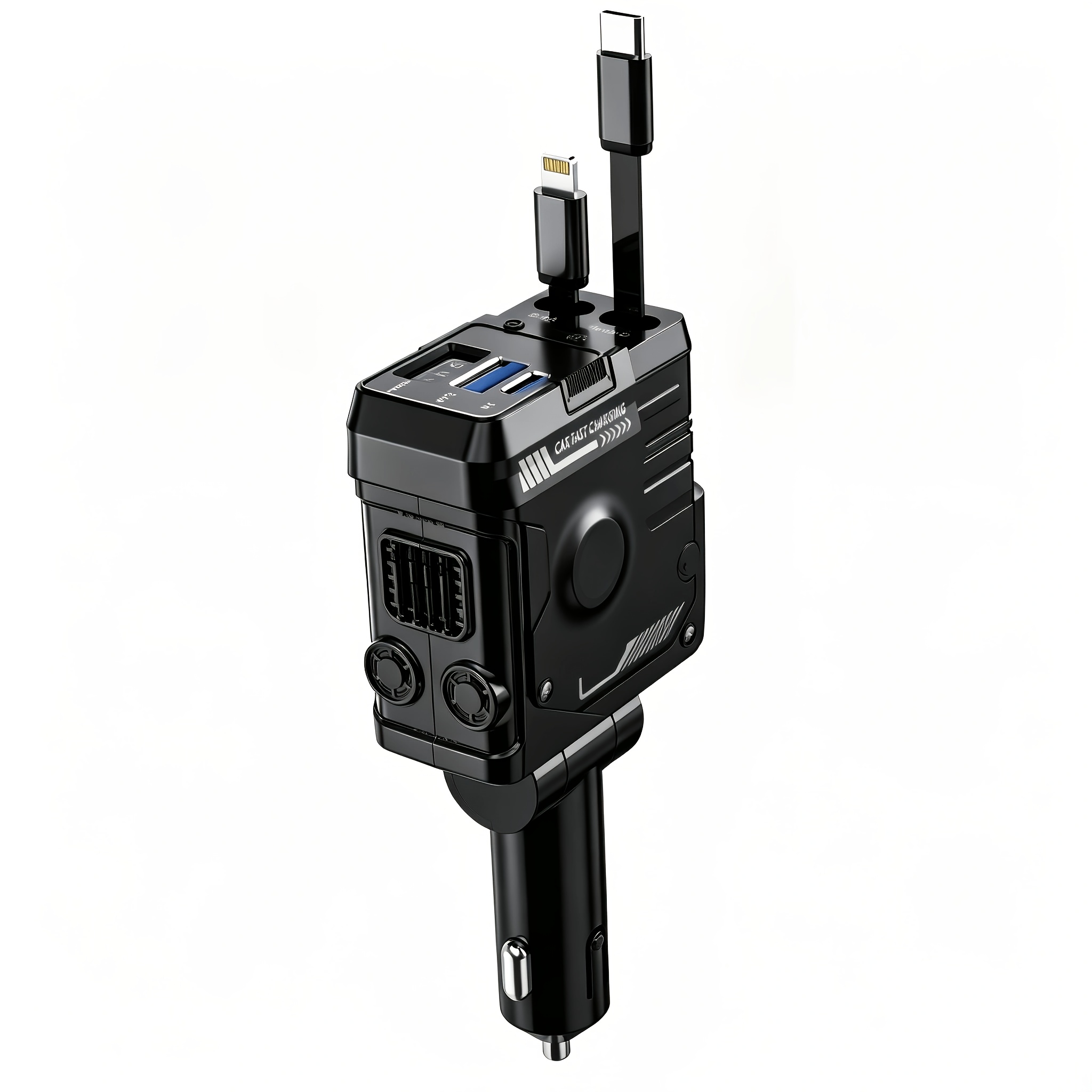 TEMU Chargeur de voiture super rapide 66W, câbles rétractables Type-C et Lightning intégrés, plus ports USB-C et USB-A, longueur du câble 80 cm/31,5