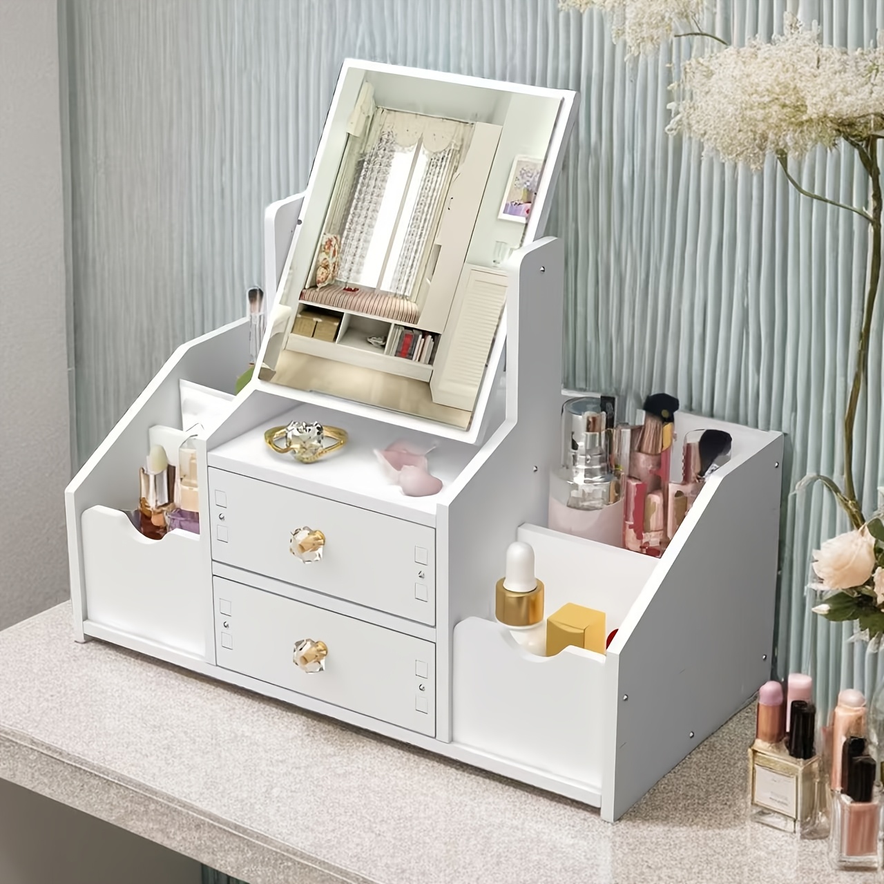 

Countertop Makeup Organizer With Mirror And Drawer, Dustproof Cosmetic Storage Box For Skincare Products, Holder For Iphone, No Electricity Needed, Lightweight Makeup Caddy With