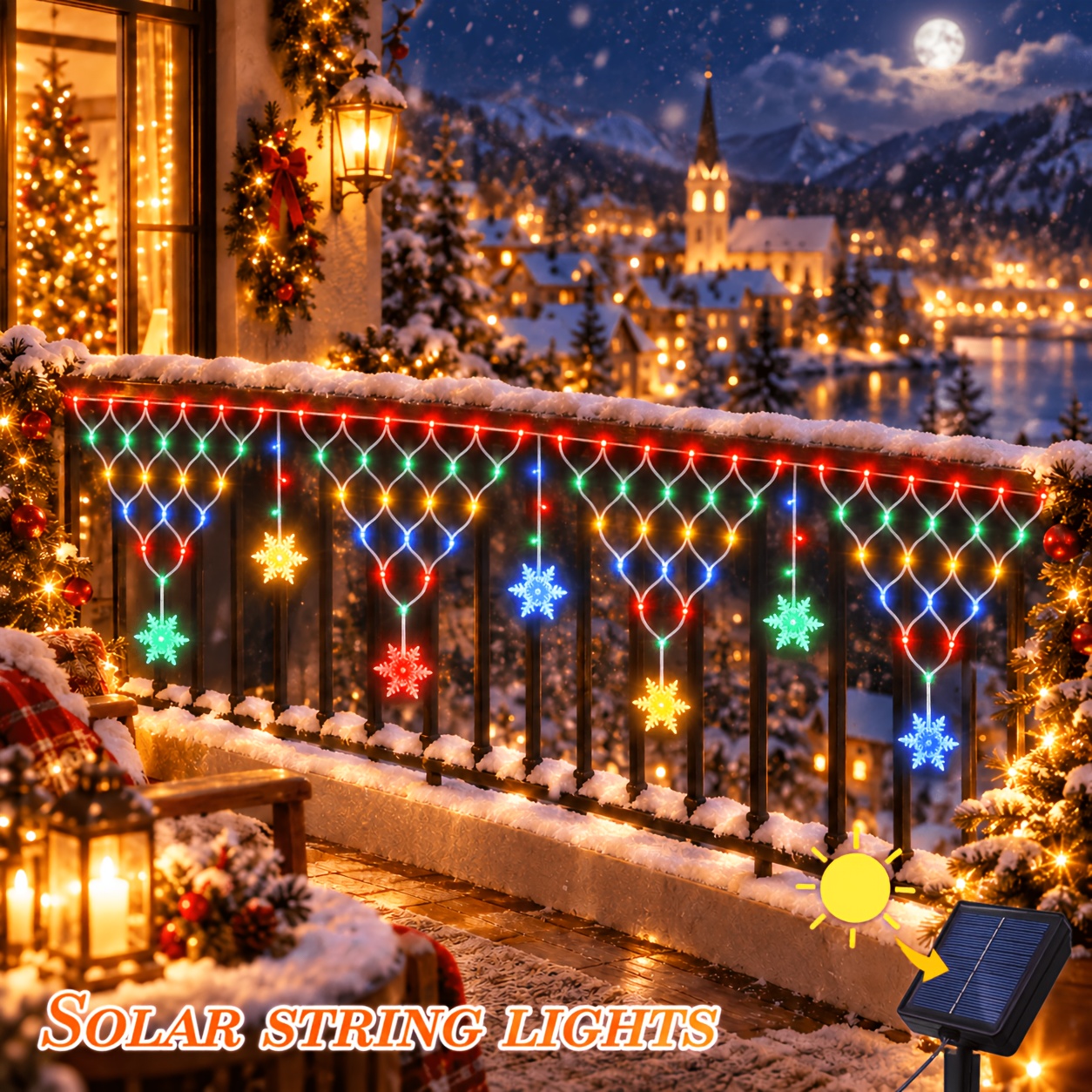 TEMU Solar Led Snowflake Net Lights, Christmas Triangle Curtain Design, 8 Modes, Ip44, For Villa Porch, Balcony, Window And Decor