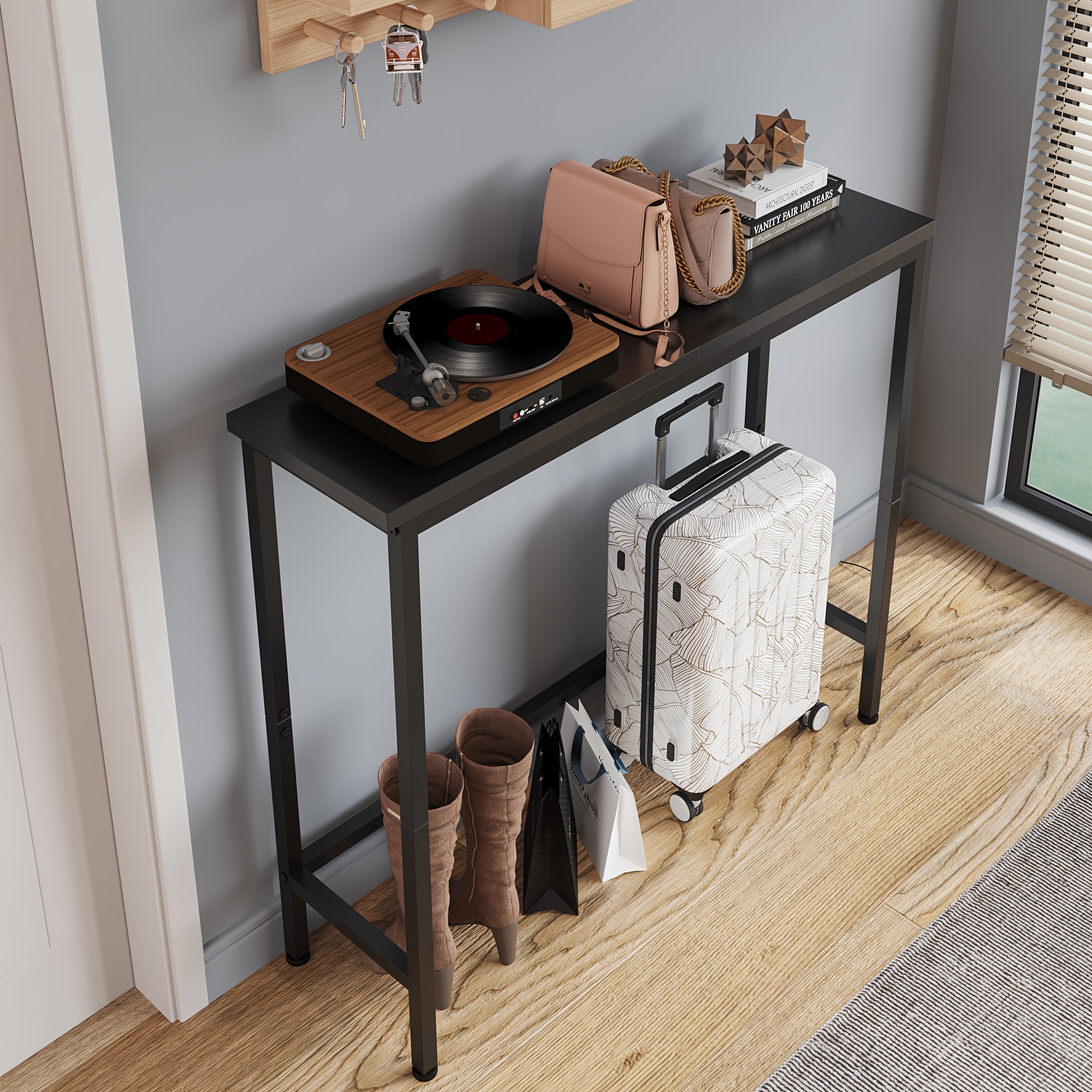 Image of Ultra Narrow Console Table, Space Saving Metal Frame Mdf Side Storage Table For Entryway Sofa Hallway