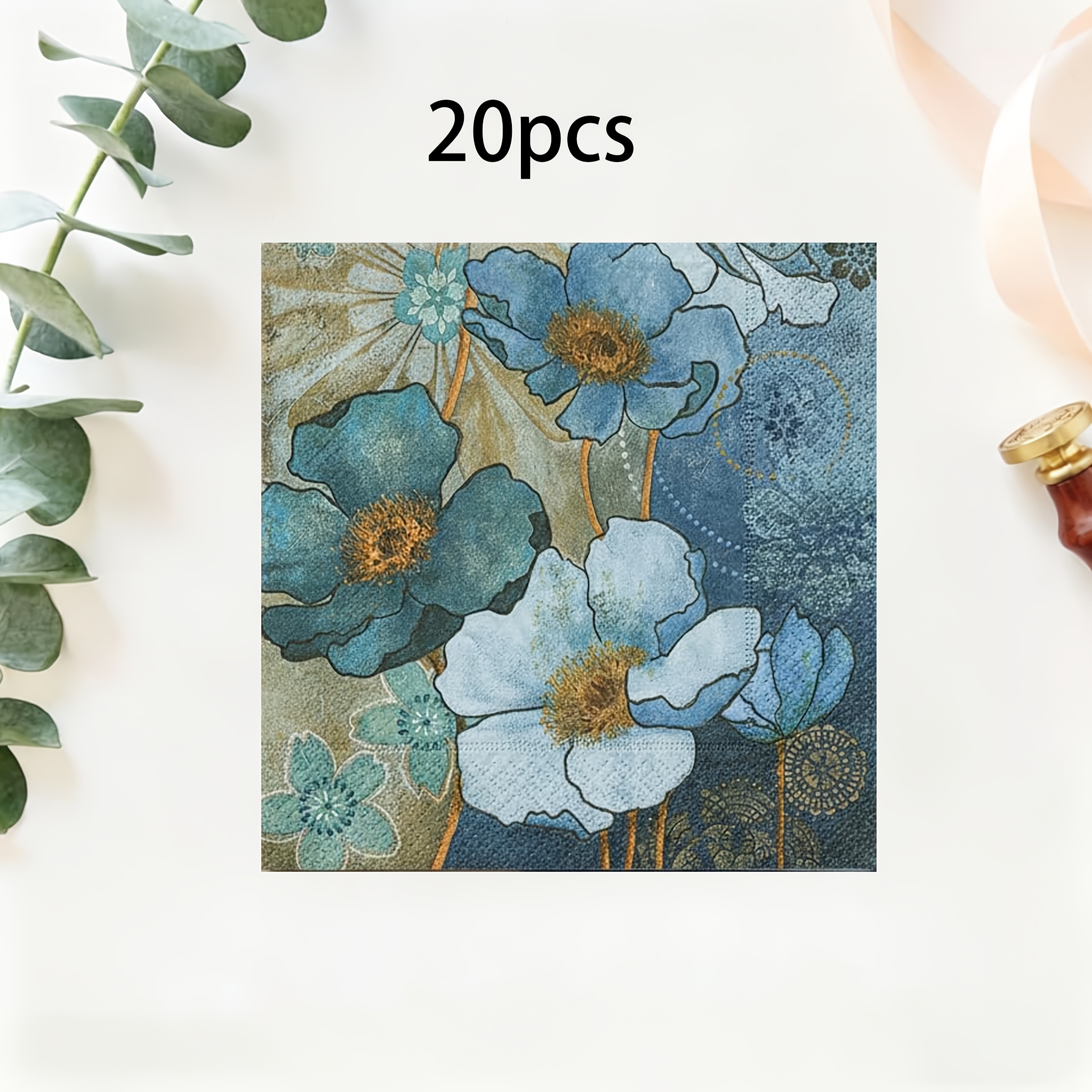 TEMU 20pcs Pack Of 20pcs Blue Floral Watercolor Retro Napkins Suitable For Weddings, Bridal Showers, Garden Parties - 2-ply 13 Inch Disposable Paper