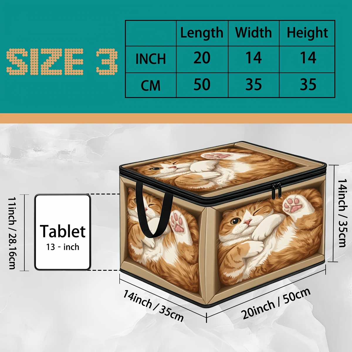 TEMU 1pc 1pcs Chubby Orange & White Cat Storage Box With Sturdy Zipper Closure - Foldable Non-woven Fabric Organizer Suitable For Clothes, Blankets,,