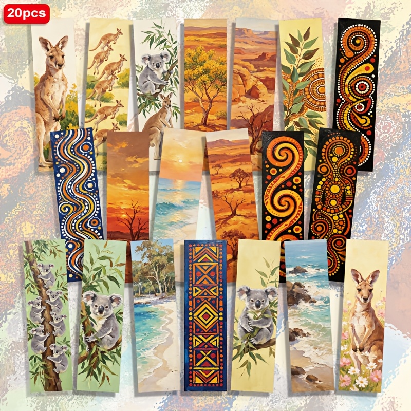 TEMU 20pcs Australian Traditional Pattern Oil Painting Style Animal Kangaroo Koala, Scenery Pattern 1.5in*5.9in 2d Printed Paper Bookmarks, Daily