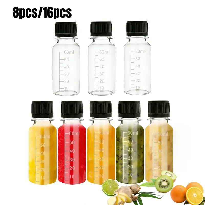 8/16 Stück 60ml Plastikflaschen Kleine Shot-Flaschen mit Deckel Ingwer Shot Flaschen mit Verschluss Mini Klare Plastikflaschen für * Plastik Mini Flaschen mit Auslaufsicheren Deckeln Wiederverwendbar,