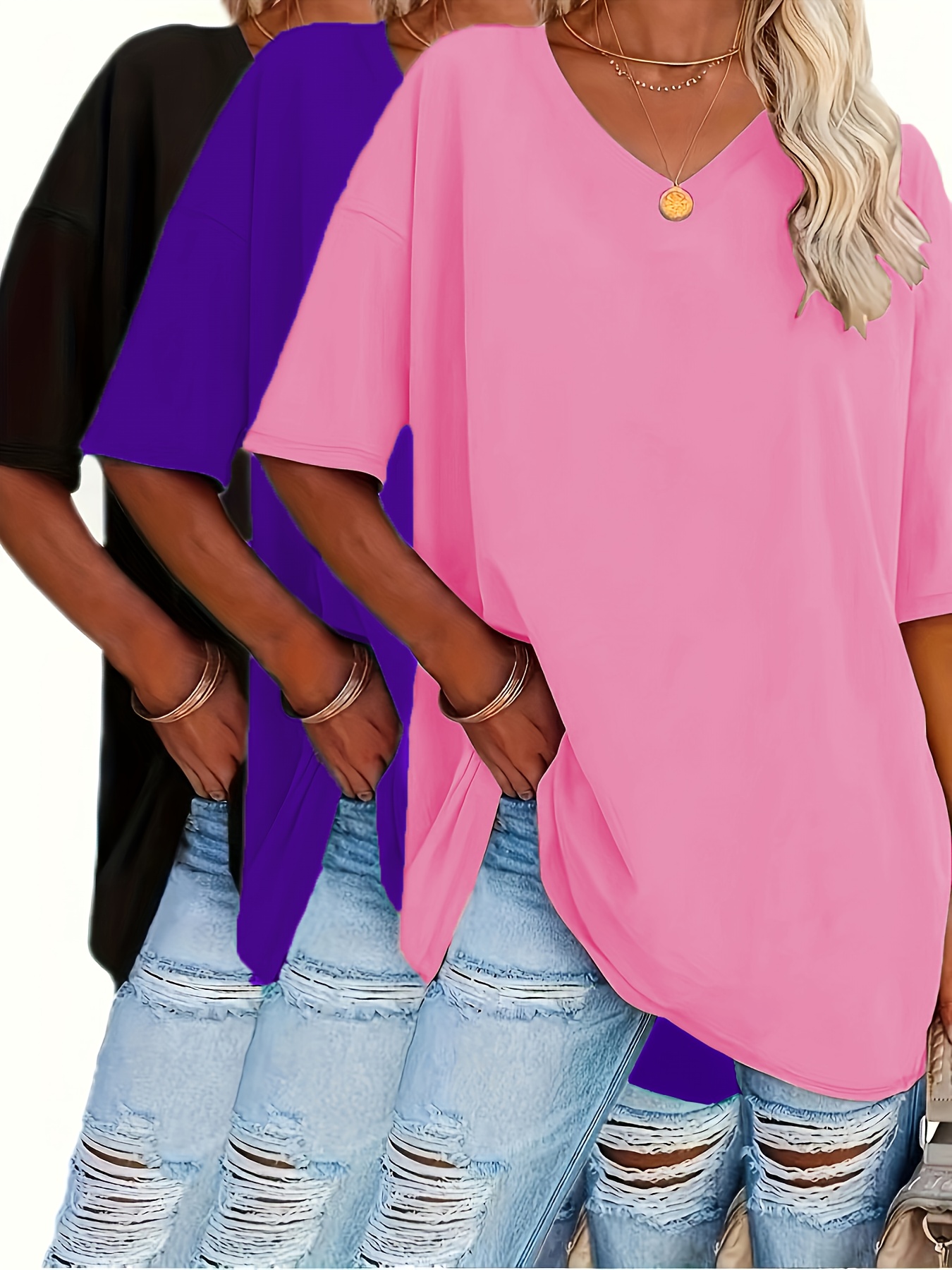 Ensemble de 3 T-Shirts Décontractés pour Femmes à Col en V, Tissu en Maille 95% Polyester 5% Élasthanne, Couleur Unie, Élasticité Moyenne, Coupe Ample à Manches Courtes pour le Printemps/Automne