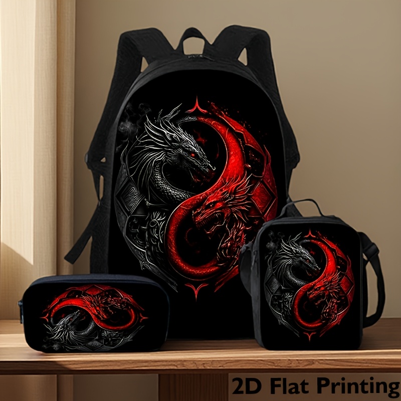 TEMU 3pcs Dragon-themed Backpack Strap, Pencil Case And Crossbody Bag Set - Large Capacity Book Bag, Adjustable Laptop Compartment, Zipper Closure,