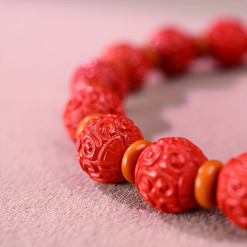 Cinnabar Stone Beaded Bracelet Women 9 10mm Stretch Twisted Pat