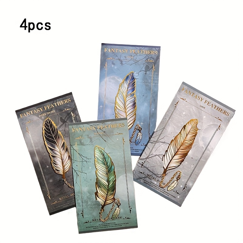 E-shop 4 Stück Elegante Metall-Feder-Büchermarken mit Anhängern – Gold, Blau, Gelb und Braun Eisen-Büchermarken für Buchliebhaber, Schreiber,