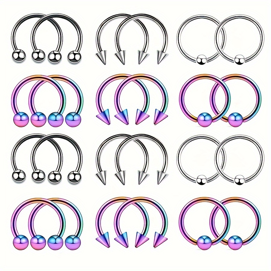 TEMU 24pcs Minimalist Fashion Stainless Steel 16g Multi-functional Clip Ball Earrings Nose Rings Rings Cartilage Rings Horseshoe Rings Septum Rings