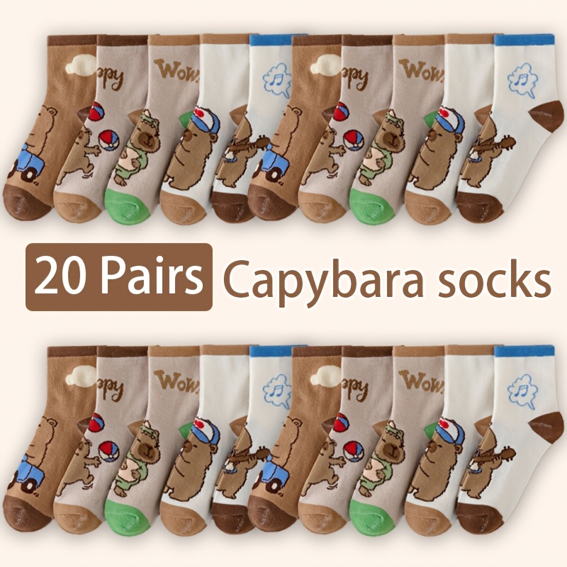 Image of A Pc Of 20 Pairs Of Socks Featuring Fun Capybara Designs, Cute And Breathable, Suitable For Boys And Girls. Perfect For Comfortable Wear In , Making It An Ideal Gift For Kids During Their Holidays