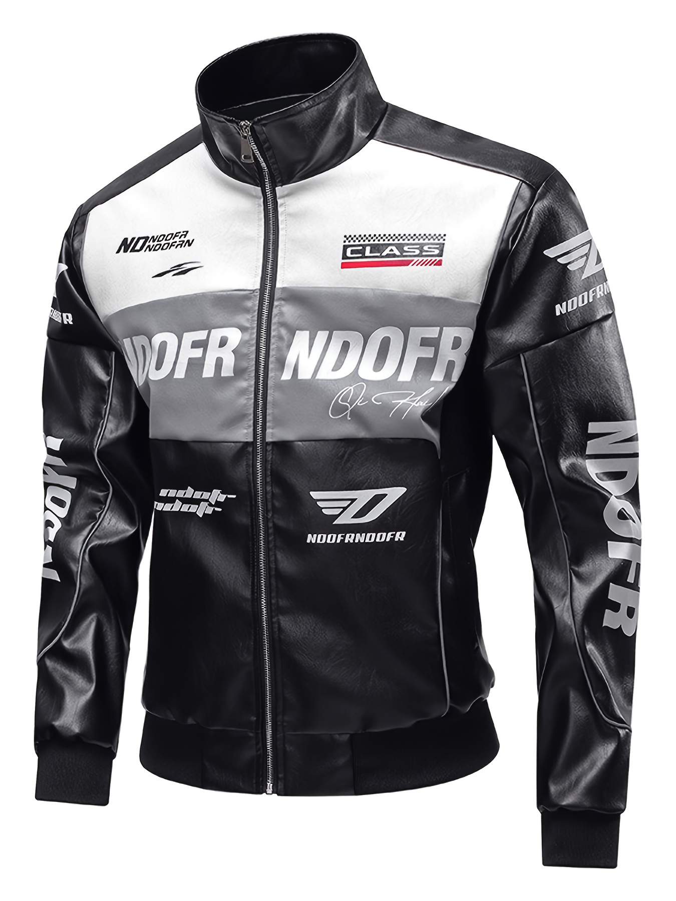 *'S Leather Jacket Black with White Accents, Zip-* Closure Collar,  Zippered Pockets Lightweight Non-Stretch fo