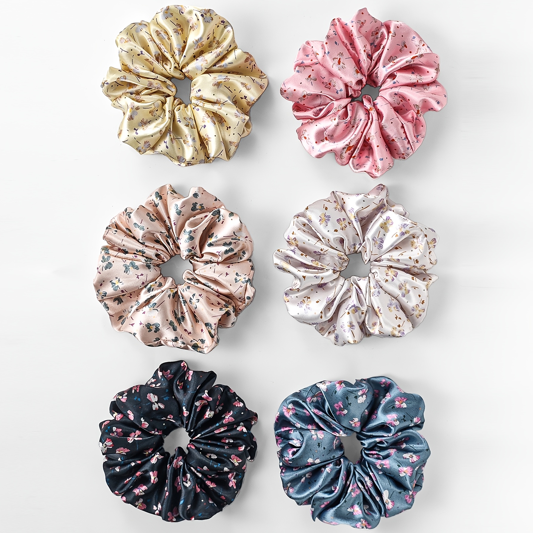 TEMU 6pcs Floral Satin Scrunchie Hair Ties, Sweet And Versatile Hair Bands For Women, Elastic And Hair-friendly Hair Ties