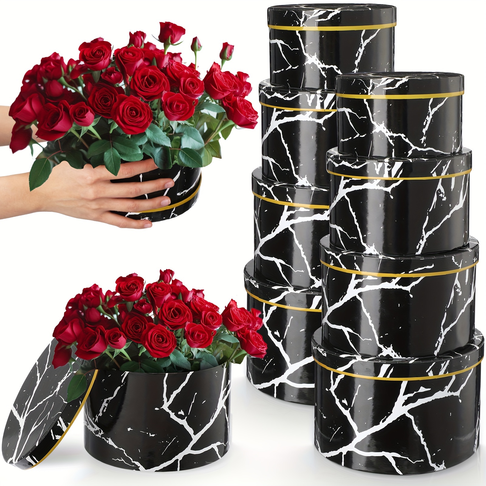 

8 Set Round Nesting Gift Boxes With Lids For Presents Marble Floral Boxes Arrangements Flowers Boxes 4 Assorted Sizes With Bow For Wedding Nurse Gift Bridal Shower (black And White, Round)