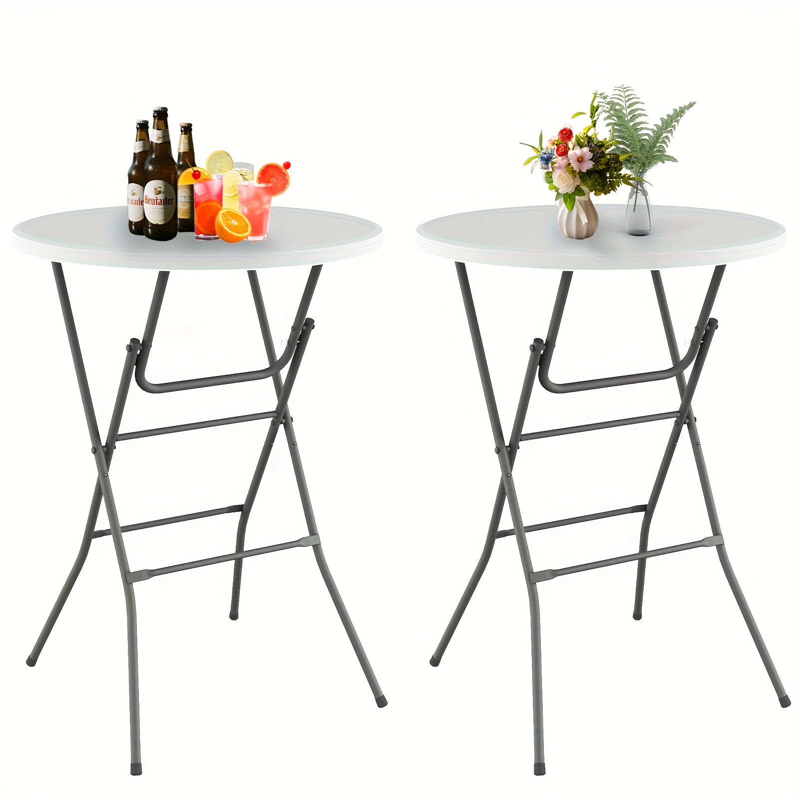 item picture 32 round folding table   day ready portable plastic table suitable for   night party camping patio   events bar table featuring a thickened tabletop metal frame locking legs indoor outdoor 2pcs set white black