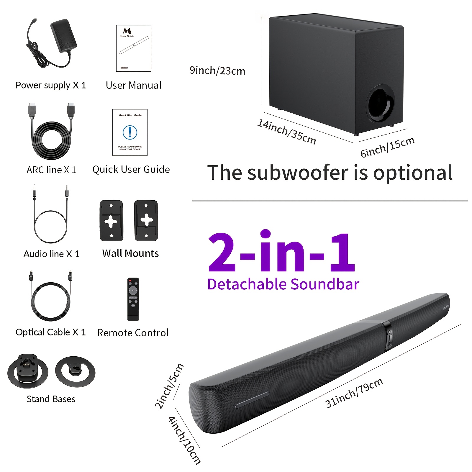 Sound Bar with Subwoofer, Adjustable Deep Bass & Volume Boost