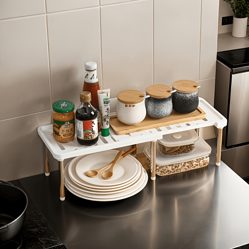 TEMU 1 Scaffale telescopico regolabile, scaffalatura portaoggetti in plastica resistente con design a tre livelli di lunghezza regolabile per cucina,