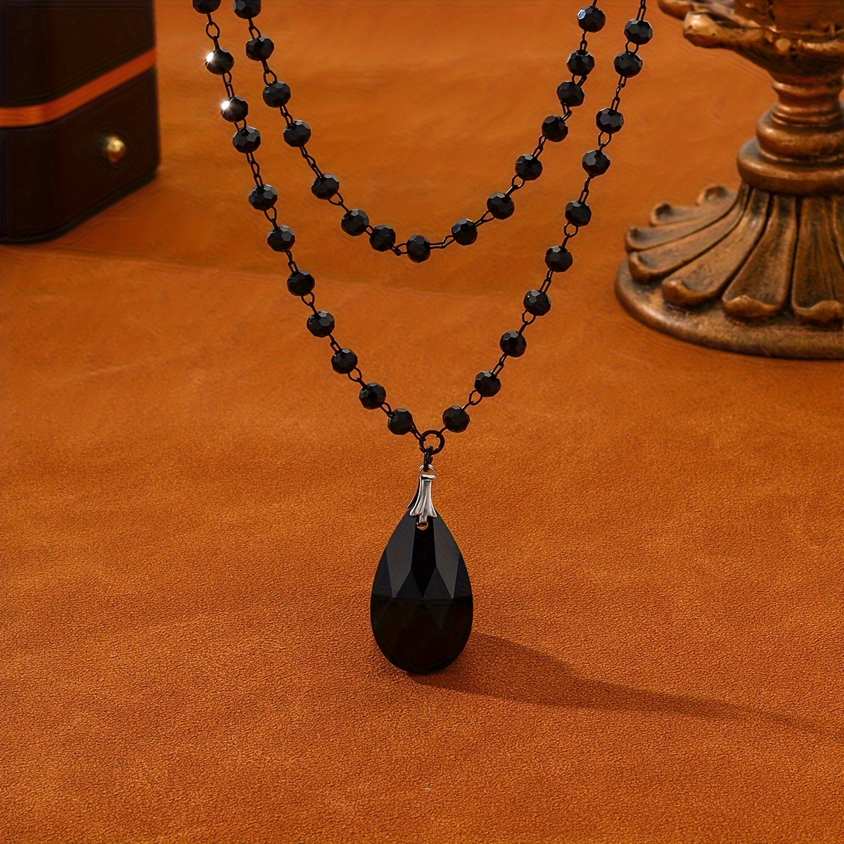 

1pc Black Gothic Tear Drop Pendant Double Layer Necklace For Women, Vintage , Glass, , Halloween Party Jewelry Accessory